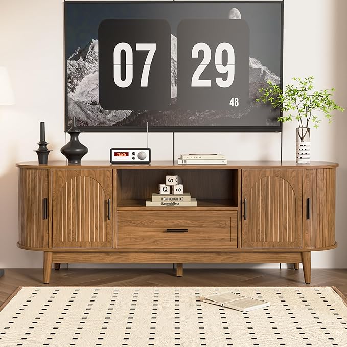 Mxtxmy 63" Fluted TV Stand for Tvs up to 70", Mid-Century Modern Entertainment Center with Drawers and Fluted Doors, Curved TV Media Console Table with Sliding Doors for Living Room, Bedroom (63")