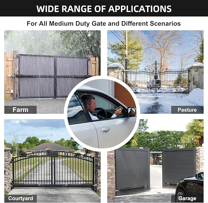 JUJIANG C01 Automatic Gate Opener with Remote Complete Kit for Swing Gate Up to 440lb 12FT per Arm, Electric Gate Openers Light Duty Dual Swing Gate Openers Automatic Gate Motor 40W AC Powered