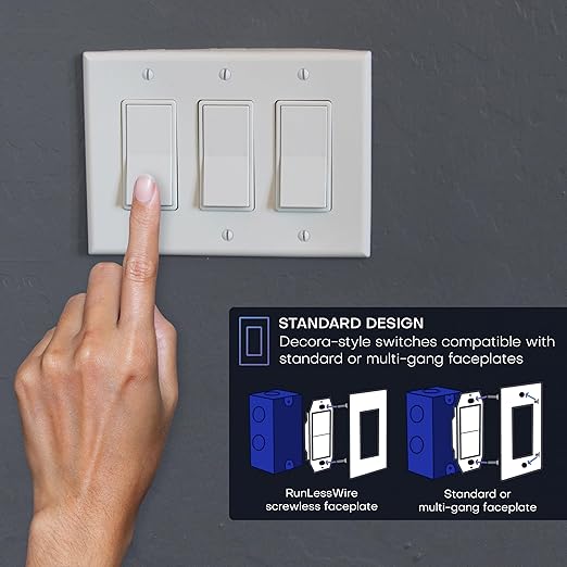 RunLessWire 4-Way Battery-Free DIY Wireless Light Switch Kit 150ft RF Range Self-Powered by Kinetic Energy for Hallways & Stairways: 3 Remote Switches Control 1 5A On/Off Receiver – Brown
