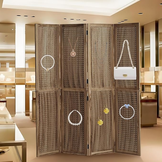 Leesinwing 4 Panel Wooden Room Dividers, 5.6FT High Plug-in Folding Screen Made of Natural Wood, Pegboard Display for Bedroom and Shopping Malls and Jewelry Stores, Dark Brown