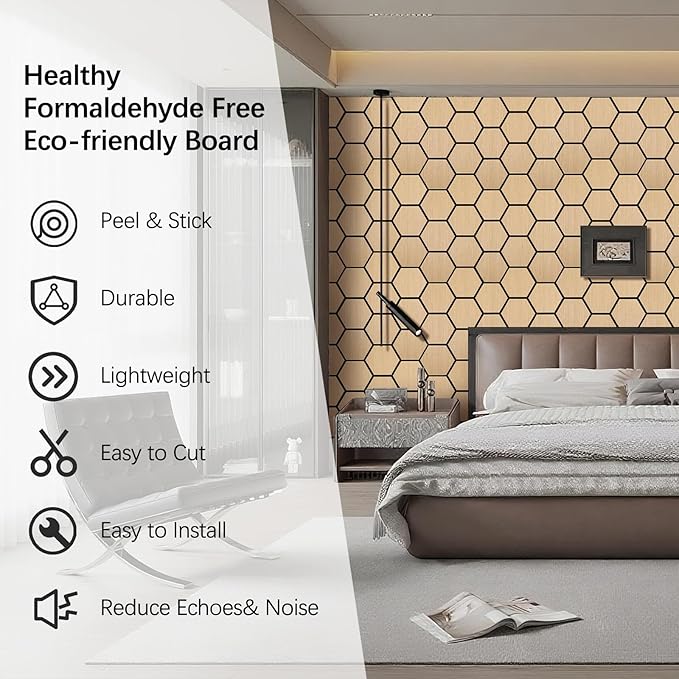 Hexagon Acoustic Wall Panels, Self-Adhesive Sound Absorbing Wall Panel by ARMURO, 4 Pack Covers 19.27 Sq Ft, Peel and Stick Noise Reducing for Home Office Studio Bedroom Wall Decor