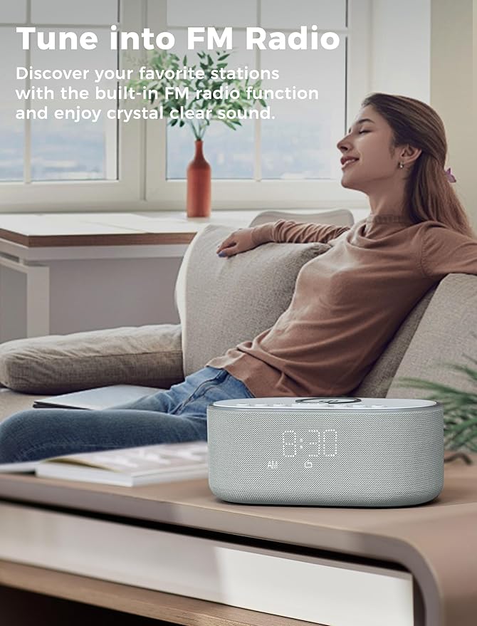 Odokee Wireless Charging Alarm Clock Radio: Qi Certified Fast Wireless Charger for iPhone Samsung - 10W Stereo Bluetooth Speaker - Dimmable Digital Clock with FM Radio for Bedroom Cloud Blue