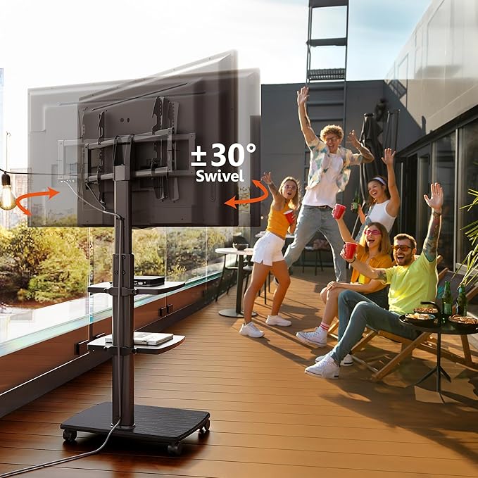 FITUEYES Swivel Rolling TV Stand, Height Adjustable Mobile TV Cart for 32-65 70 Inch TVs, Corner Floor TV Stand for Bedroom, Living Room, Home Office, Kitchen, Black