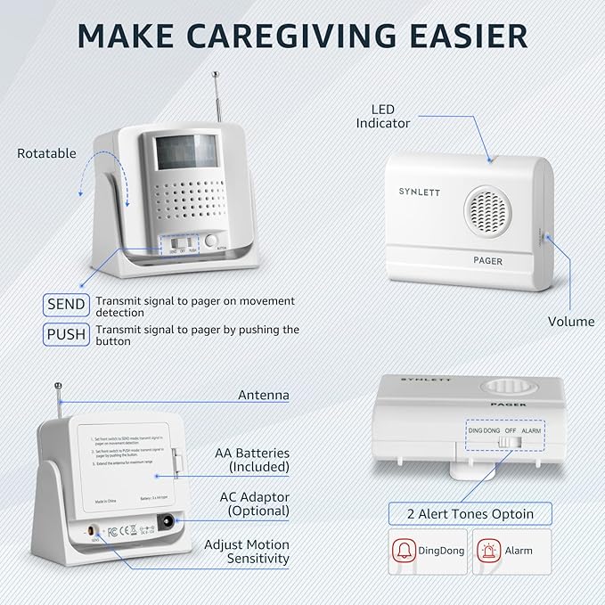 SYNLETT Bed Alarm Caregiver Pager with Wireless Motion Sensor Alarm Indoor Fall Prevention for Elderly Monitoring Seniors Dementia Patients Seniors Home Door Chime