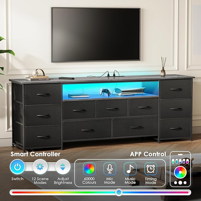 Huuger 63 Inch TV Stand for 65, 70 Inch TV, 11 Drawer Long Dresser with Power Outlets and LED Lights, Entertainment Center with Storage, Grey Dresser with PU Leather Surface