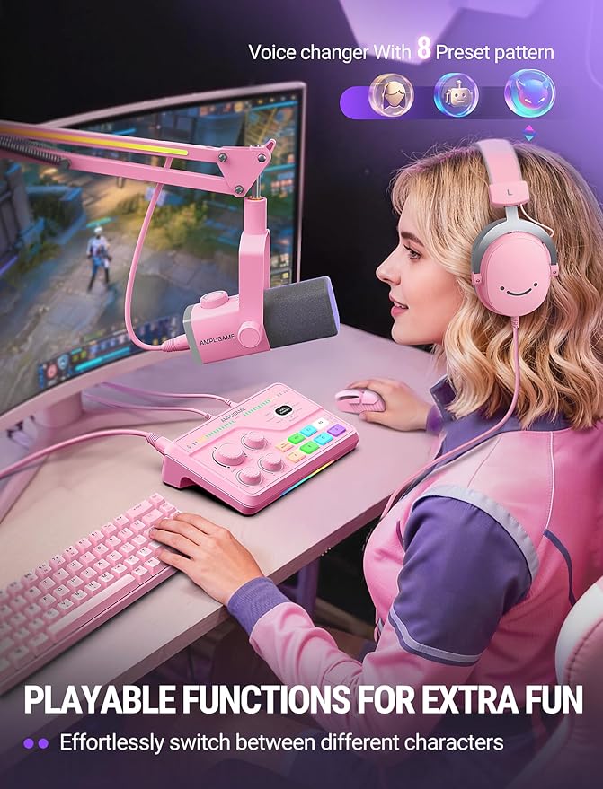 FIFINE Streaming Audio Mixer with XLR Mic Interface & 7.1 Surround Sound, Gaming RGB Mixer for PC/PS4 with Individual Volume Knob, 3 EQ Mode, 48V Phantom Power,Voice Changer-AmpliGame SC8P