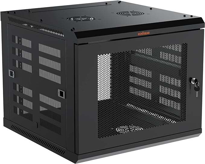 ECHOGEAR 9U Network Rack - Enclosed Wall Mount Rack Kit Includes 2X 1U Shelves, Pre-Mounted Fan, Lockable Door & Hardware - 600mm Depth Fits All Your AV Gear