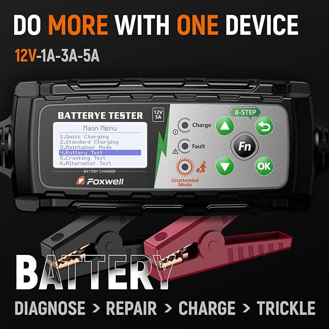 FOXWELL BC521 5A 12V Battery Charger & Tester, 4-in-1 Battery Maintainer, Trickle Charger & Starting/Charging System Tester, Smart 8-Stage Charging, Pulse Repair, Unattended Mode for Car/RV/Motorcycle