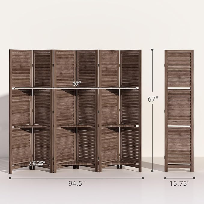 HOMCOM Room Divider, 6 Panel 67" Tall Wood Privacy Screen with 3 Display Shelves, and Folding Storage for Bedroom or Home Office, Walnut