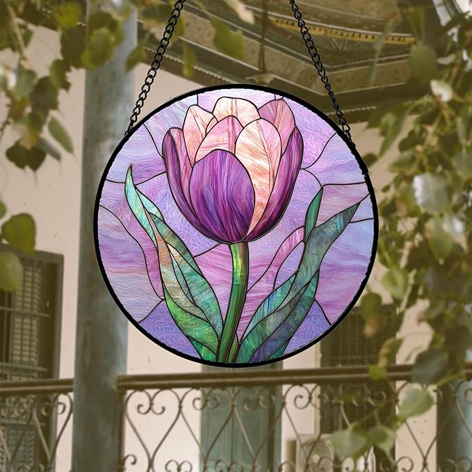 DASTOLL Stained Glass Window Hanging 4 Pcs Set Purple Flower Theme 6.3" - Tulip Suncatcher Door Garden Sun Catcher Decor Birthday Christmas for Plant Lovers Woman Nana Men