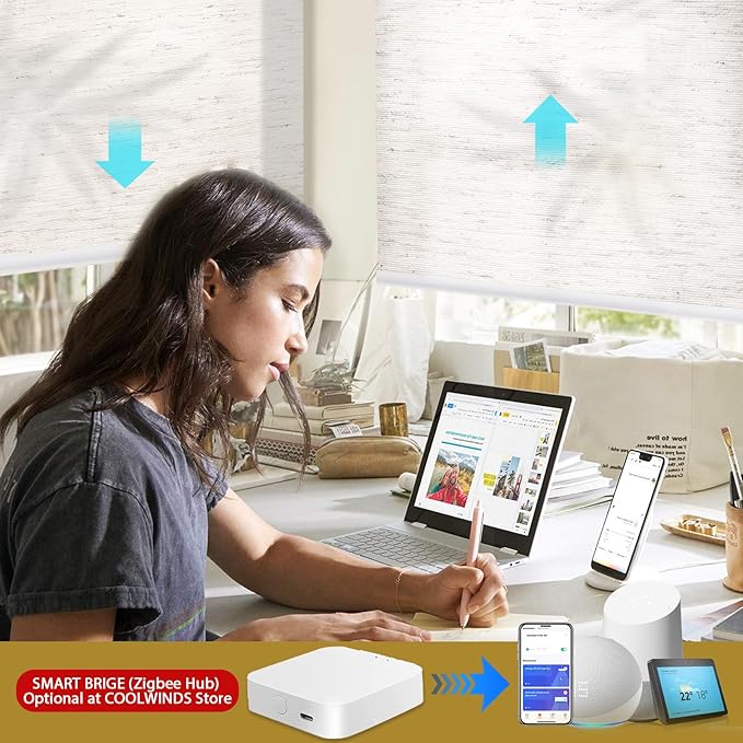 COOLWINDS Motorized Blinds with Remote Cordless Automatic Motorized Shades Custom Blinds for Windows Smart Curtains Compatible with Alexa Google Home(Light Filtering Linen Sandy Beach,W46 x H72in)
