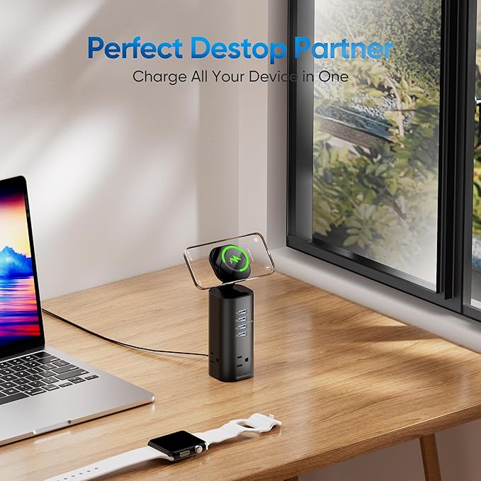 Flat Plug Surge Protector Tower, TenTrend Power Strip Tower with Surge Protection, 3 AC Outlets & 8 USB Ports, 5FT Extension Cord, 115W Total Fast Charging Tower for Multiple Devices