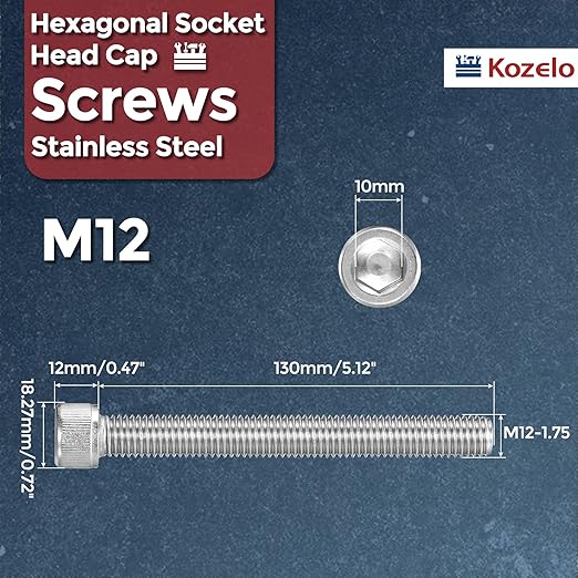 Kozelo 2pcs Socket Head Cap Screws - [M12-1.75 x 130mm] 304 Stainless Steel Allen Socket Drive for Electrical Motor 3D Printing Fan Engine Replacement Use, Silver