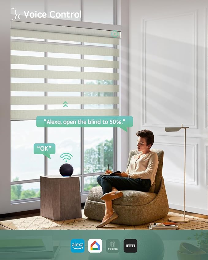 Yoolax Motorized Zebra Blinds Compatible with Alexa,Motorized Blinds with Remote Smart Automatic Custom Electric Window Blinds Cordless Indoor Blackout for Home Bedroom Kitchen (Striped Gold)