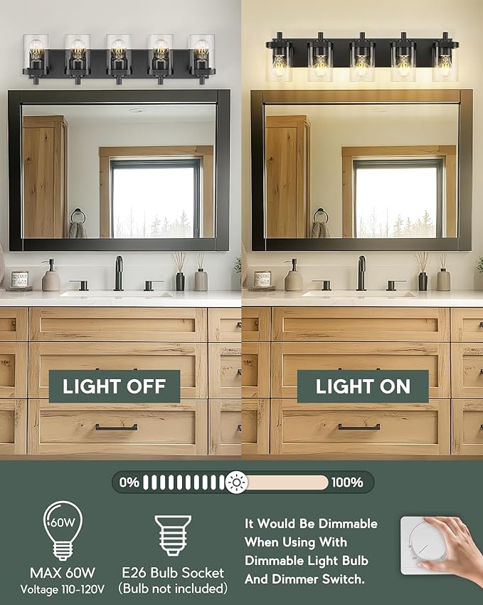 METWET Bathroom Light Fixtures, 5-Light 30" Vanity Light with Square Clear Glass Shade, Modern Matte Black Wall Sconces, Vanity Lighting Fixtures Over Mirror, VL194-MB-5