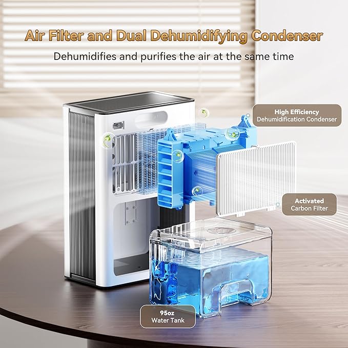 PTHRAOUTA Home Dehumidifier with Drain Hose, (950 sq.ft) 95oz Quiet dehumidifier for Bedroom Bathroom, with Air Reusable Filter Indoor deshumidificador for Basement RV Closet