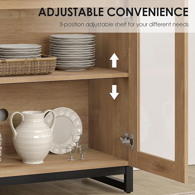 WAMPAT Modern TV Stand with Glass Doors for 32-40 inch TVs, Entertainment Center Console with Adjustable Shelves for Living Room, Bedroom, Oak