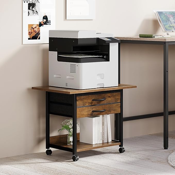 VENNQD Large Printer Stand with Storage Fabric Drawer Under Desk Printer Table with Wheels for Home Office, Printer Cart fit Fax Machine Scanner 23.4"x15.7"(Rustic Brown, 2 Tiers)