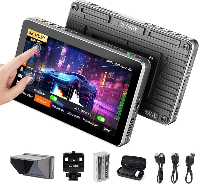 VILTROX DC-X2 Touchscreen Camera Field Monitor, 2000 Nits 6 inch On Camera Monitor 4K HDMI in/Out 3D Lut Full Waveform 1920X1080 HD Focus Peaking Assist Video Field Monitor with Sunshade Hood Battery