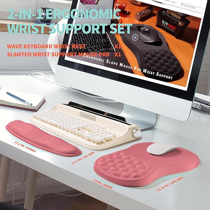 KUOSGM 2-in-1 Ergonomic Set, Wave Rise Keyboard Wrist Rest and Massage Bulge Slope Mouse Pad Wrist Support, Cushion Memory Foam Integrated to Relieve Wrist Pain, Muskmelon Pink