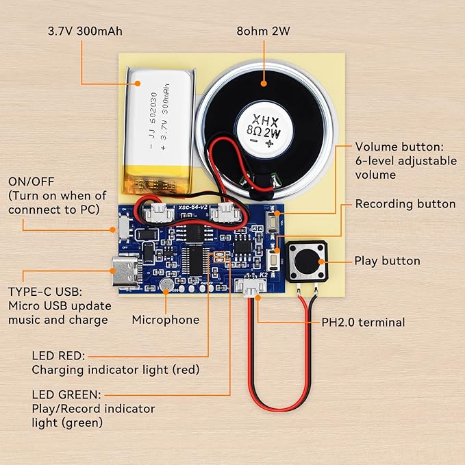 Sound Recorder Module DIY Music Voice Recording Module Chip with Speaker,Type-C Cable,Easy Recording Capability16 Minutes Music for Personalized Greetings, Holiday Crafts Cards with Manual