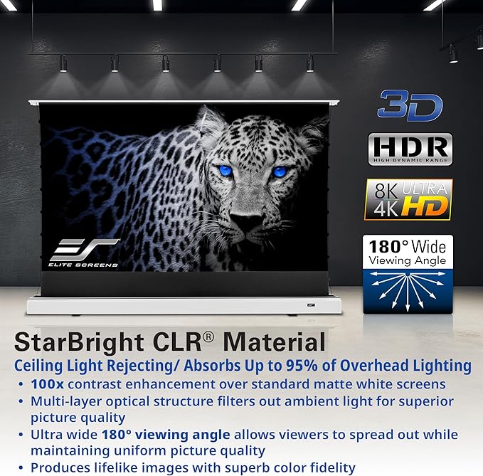 Elite Screens Kestrel Tab-Tension CLR, 121 inch 16:9, Ultra-Short Throw Ceiling Ambient Light Rejecting ALR Electric UST Floor-Rising Projection Motorized Front Projector Screen, FTE121XH3-CLR, White