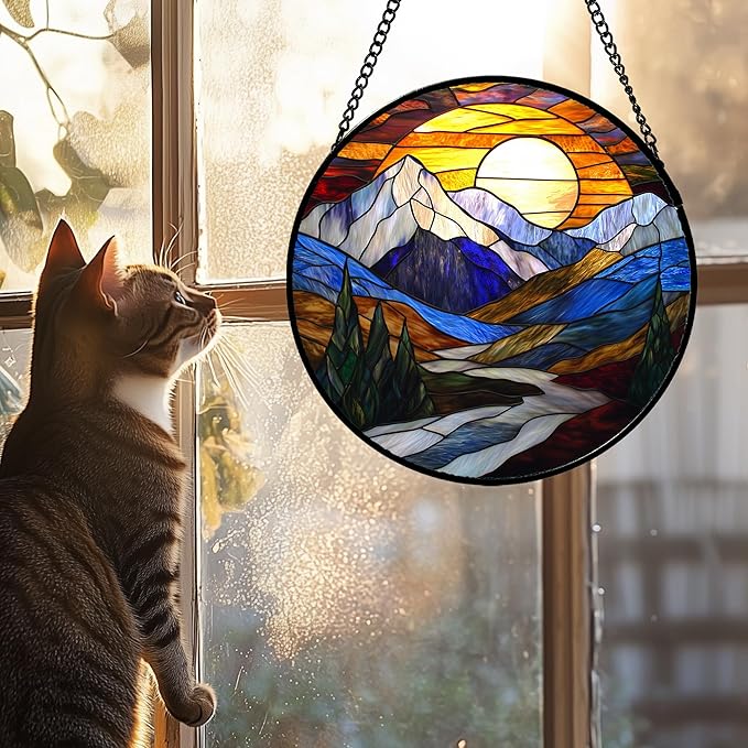 AMDERVEN Stained Glass Window Hanging, Yellow Blue Sunset Mountains Scenery Sun Catcher for Window Home Decor Landscape Suncatcher Mother's Day Birthday Gifts for Women Men Mom and Nana 15 in