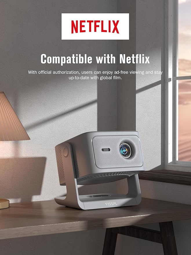 【2200ANSI & Officially-Licensed APP】Smart 4K Projector with WiFi and Bluetooth, VISSPL 3D Dolby Audio and Auto Focus Portable Outdoor Projector, Movie Home Theater Proyector with 360° Adjustable Stand