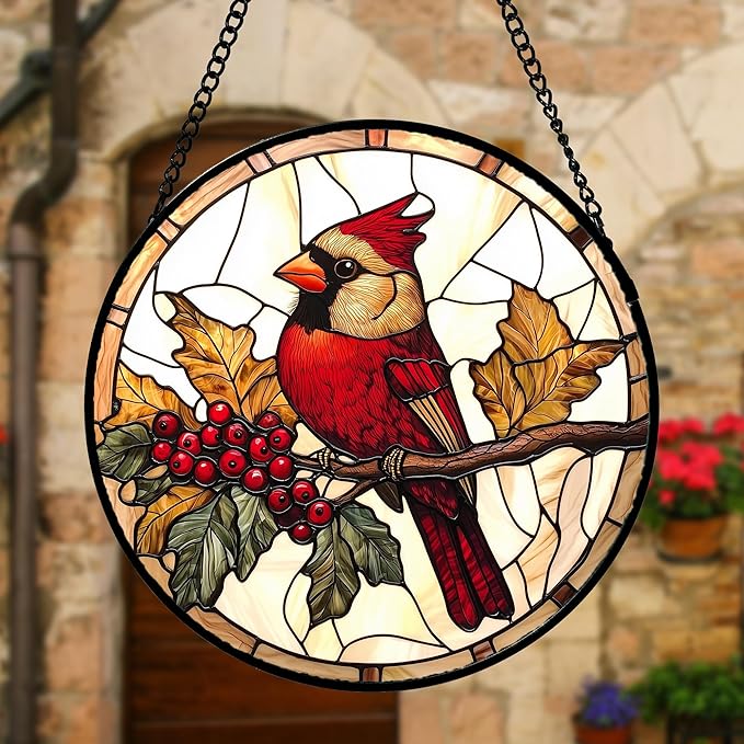 DASTOLL Stained Glass Window Hanging, Birds on a Branch Cardinal Sun Catchers Diamond Glass Panel Hangings Suncatcher Decor for Birthday for Women, Men, Wife, Aunt,and Mom 7.8X7.8IN