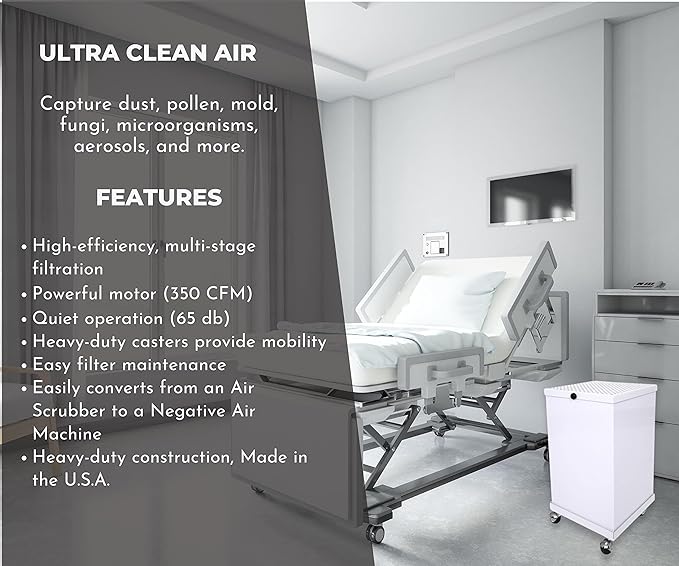 Extract-All Mobile ULPA Air Scrubber and Negative Air Filter Machine, for Industrial Commercial Medical Contamination, Isolation Rooms Usage Heavy Duty Fume Extractor and Source Capture Purifier