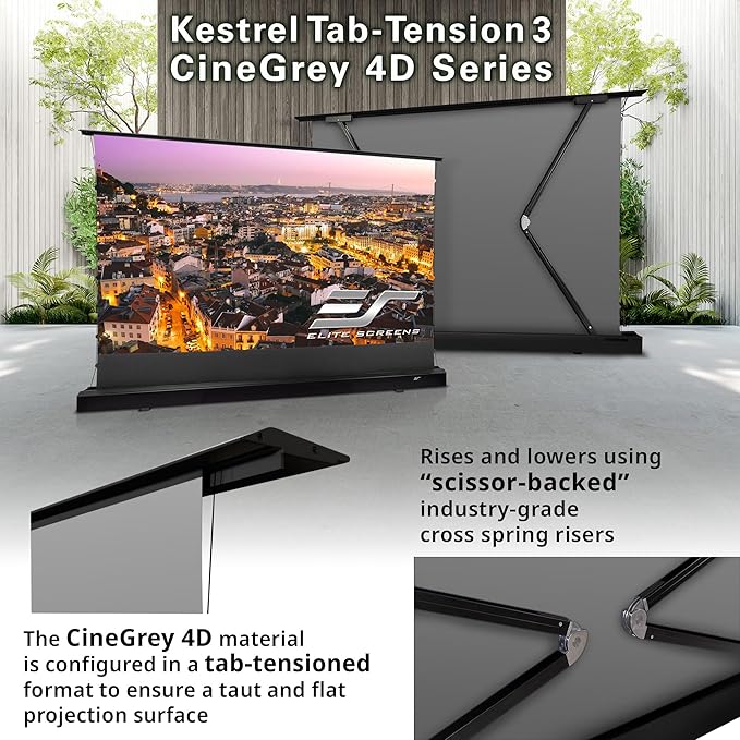 Elite Screens Kestrel Tab-Tension Pro CineGrey 4D, 135" Diag., 16:9 Aspect Ratio, ISF Certified 4K/8K Ultra HD Electric Floor-Rising Motorized Tab-Tensioned Front Projector Screen, FTE135H3-C4D