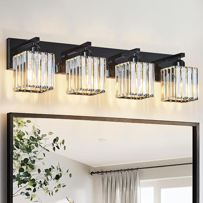 FDPBY Modern Bathroom Vanity Light 4-Lights Plating Black Crystal Bathroom Wall Light Vanity Light Fixtures