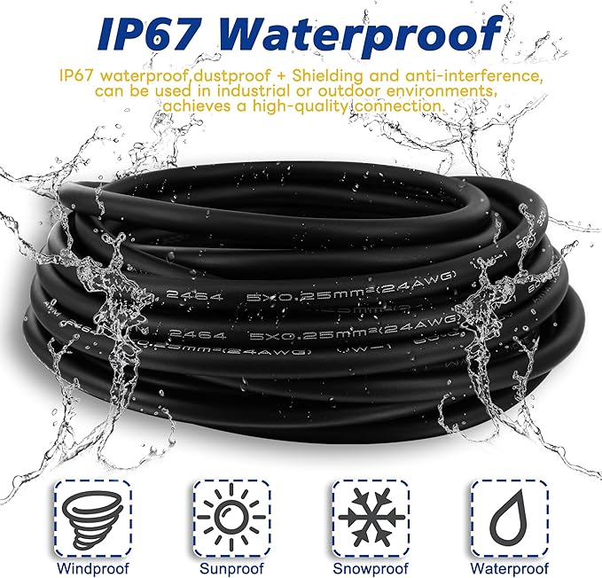 Lonlonty M8 Cable 5 Pin 6.5Ft/2M Female B Coding Circular Connector Cable Shielded IP67 Waterproof Single End Cable B Code