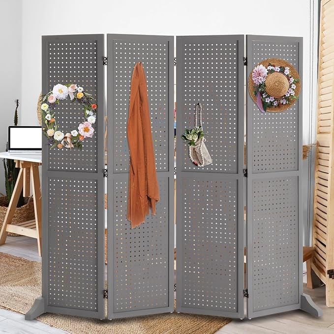 Bonnlo 4 Panel Pegboard Freestanding, 5 FT Portable Display Board Organizer for Craft Show Jewelry, Wooden Folding Privacy Screen Room Divider (with Base, Grey)