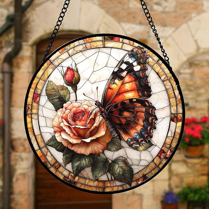 DASTOLL Stained Glass Window Hanging, Butterfly Picking Flowers Suncatcher for Doors Home Sun Catchers Decoration and Christmas, Mother's Day Birthday Gifts for Women, Men, and Mom 6.3 in