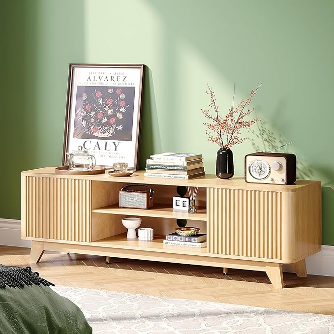 VINGLI 58.6" TV Stand for 70 Inch TV, Mid Century Entertainment Center with Fluted Sliding Doors and Open Storage, Elegant Media Console for Living Room, Oak