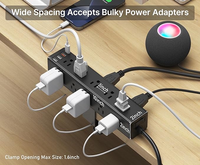 CCCEI Standing Desk Clamp Power Strip with 15 Outlets, Black Desktop Edge Mount Surge Protector Outlet, Fast Charging USB-A and 45W USB-C Ports, 10 FT Flat Plug, Black Fit 1.6 inch Table top.