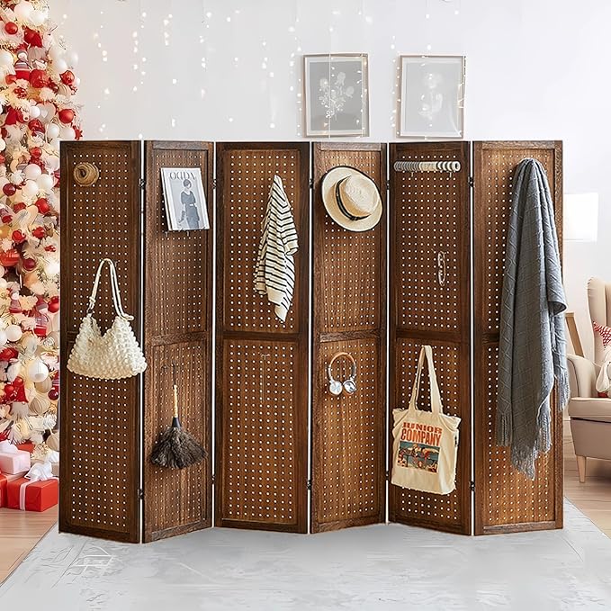 Asnefeli 6 Panel Pegboard Display with 24 Hooks, Wood Room Divider Wall, 5.6Ft Folding Privacy Screen Divider Room, Portable Freestanding Wall Organizer for Bedroom Reading Room(Dark Brown)