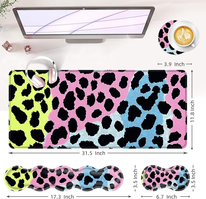 BFUKVOU Large Keyboard Mouse Pad Set, Extended Mouse Pad+Keyboard Wrist Rest Support, Memory Foam Ergonomic Easy Typing, 4Pcs (31.5×11.8 in) Desk Pad Set for Office Home,Leopard Print