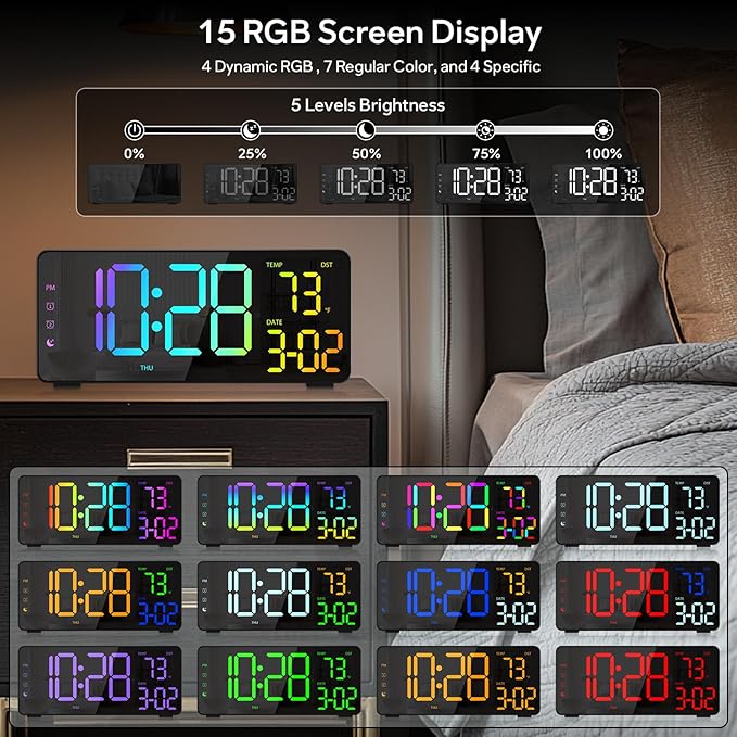 EVILTO Digital Alarm Clocks for Bedrooms, RGB Desk Clock with 15 Color Display, Date Temperature and Weekday, DST, Snooze, 2 Alarms, Ambient Lighting for Living Room, Bedside Office Gaming Desk Decor
