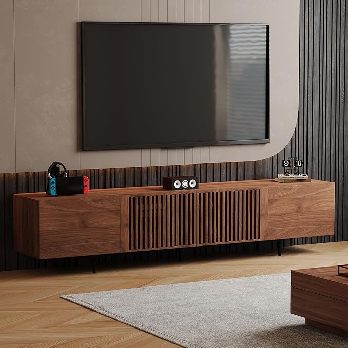 gaoyangjiaju 94.48" Mid-Century Modern TV Stand, Walnut Media Console with 4 Storage Cabinets, Entertainment Center for TVs up to 100 Inches, Ideal for Living Room or Bedroom