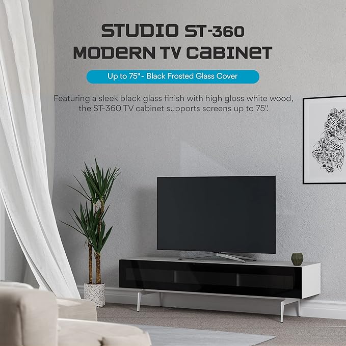SONOROUS ST-360 Premium TV Stand for Living Room – Modern TV Stands & Entertainment Center with Storage – White Wood & Black Glass Cover – Luxury Media Console with Metal Legs for TVs up to 75 inches