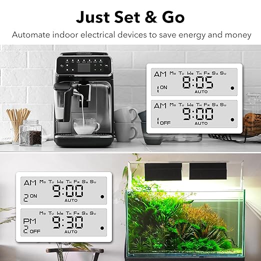 BN-LINK Indoor Digital Timer Outlet, Dual Outlet 7 Day Programmable Light Switch, 3 Prong Plug in Timers for Electrical Outlets, Lamps, Fans, 8 On/Off Programs, 1 Pack, 15A/1875W, ETL Listed