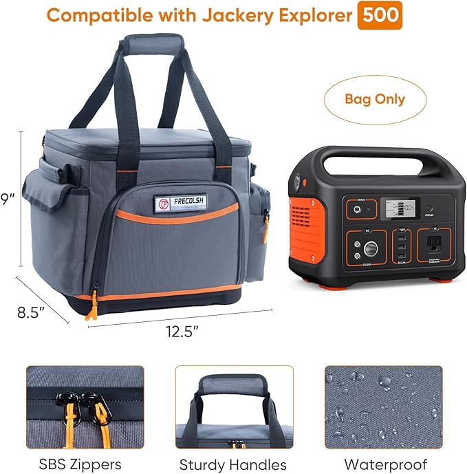 FRECOLSH Travel Carrying Case Compatible with Jackery 500, Portable Power Station Storage Case with Water- proof Bottom and Pocket for Jackery Accessories, Storage Bag Only