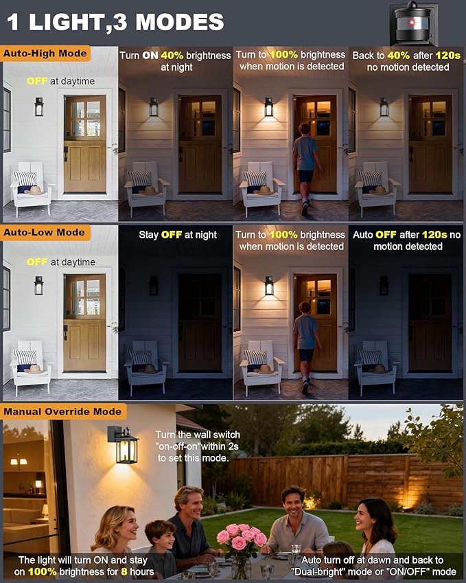 LTBLIGHT Motion Sensor Porch Lights with GFCI Outlet, Dusk to Dawn Outdoor Sconce with 3 Modes, Waterproof Exterior Light Fixture for House, Front Door, Garden, Garage, 120V
