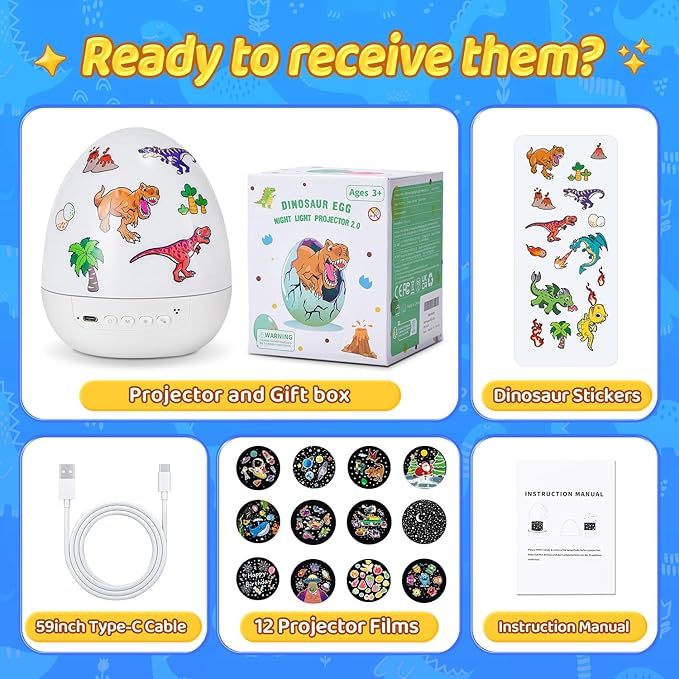 Dinosaur Toys for Kids 3-5 | 15 Sleeping Sounds+12HD Films+7 Colors+360°Rotating | Easter Dinosaur Egg Light Dinosaurs Primal Hatch Boy Toys for Boys Star Projector Sound Machine Egg Light for Nursery