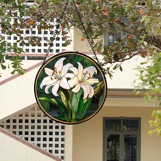 CRISGIF Stained Glass Window Hanging, White Lily Suncatcher for Door Garden Patio Birth Flower Green Plant Sun Catchers Decor Christmas Mother's Day Birthday Gifts for Women Mom Nana Friend 7.8 in