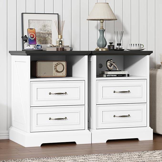 Nightstand with Charging Station Set of 2,18" Wide End Table with 2 Drawers & Metal Handles,Rustic Farmhouse Wood Small Dresser,Bedside Table,Modern Chest of Drawers for Bedroom,Living Room, Off White