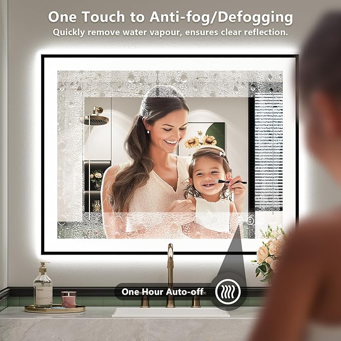 YEELAIT 36x30 Inch LED Bathroom Mirror with Lights (Front Lit and Backlit) Black Framed Lighted Vanity Mirror for Bathroom Wall Dimmable Anti-Fog Memory Tempered Glass Horizontal/Vertical