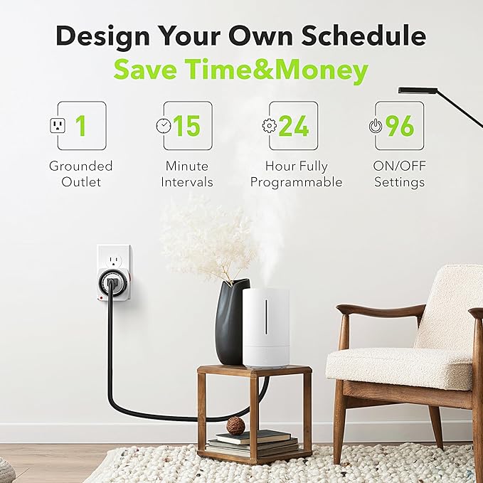BN-LINK Outlet Timer Indoor, 24-Hour Heavy Duty Mechanical Light Timer with 15-Minute Intervals, 3 Prong Plug Outlet for Aquariums, Grow Lights, Indoor Lighting, Home Appliances, ETL Listed, 2-Pack